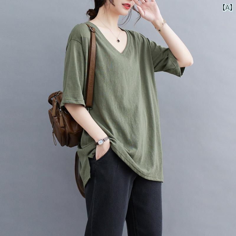 Other Jackets Jumpers - Tシャツ 女性用 Vネック 短袖 トップス 純色 ゆったり スリム 韓国風 大きいサイズ シンプル 上衣 気質 通勤 気質 通勤風 気質 優雅 セットアップ 短袖 ポリエステル 軍緑 グレー M L XL 2XL 普通丈 50cm〜65cm ルーズフィッ