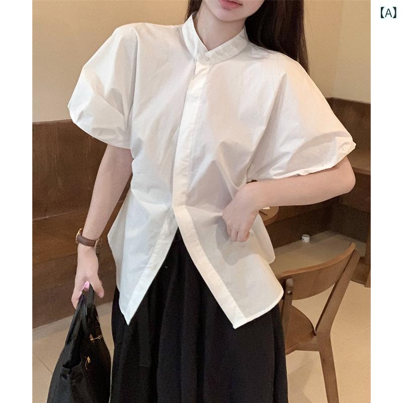Rakuten - シャツ 女性用 短袖 泡泡袖 白色 修身 立領 収腰 切り替え デザイン 通勤 気質 快適 ポリエステル 綿 混紡 純色 開衫 単排多扣 秋 トップス ブラウス 普段使い