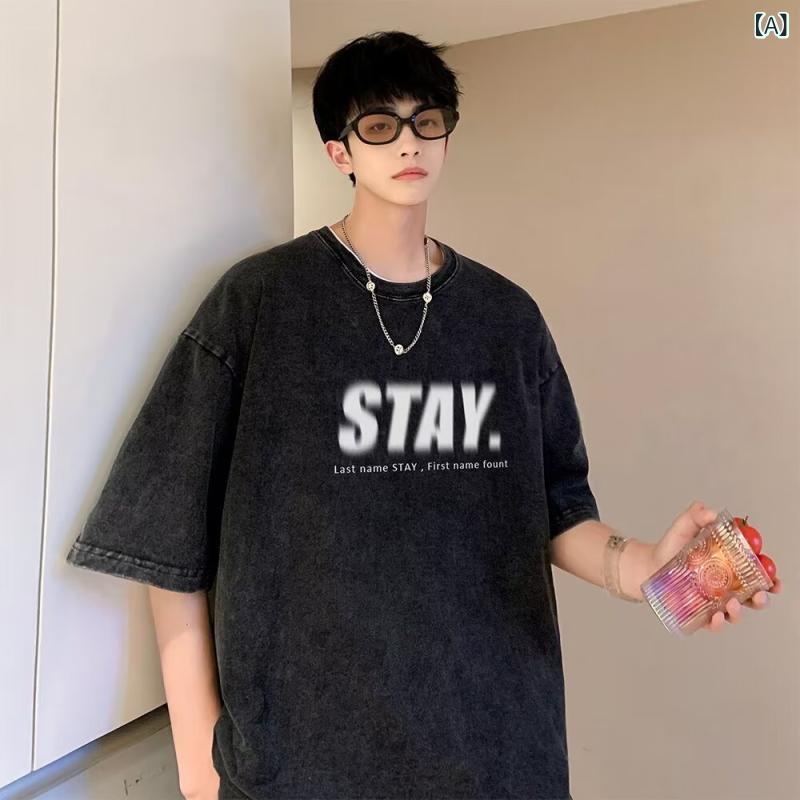 乐天商城 - Tシャツ メンズ 半袖 短袖 綿 100% 黒 印花 幾何柄 丸首 ゆったり ルーズフィット 夏 春夏 吸湿速乾 通気性 吸湿排汗 休闲 普段使い カジュアル ストリート トップス 上衣 体恤衫