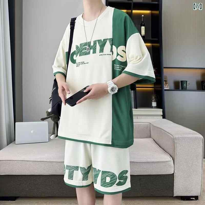 Rakuten - メンズ 短袖Tシャツ セット ショーツ ラウンドネック 学生服 休闲 スポーツ 夏 普段使い 吸湿速乾 ポリエステル 米白色 ブラック コーヒー 青春 潮流 カジュアル
