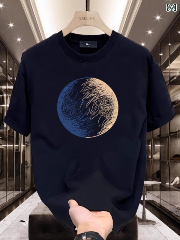 メンズ Tシャツ トップス 丸首 短袖 プリント 碎花 幾何柄 ゆったりシルエット 国潮風 涼しい 吸湿速乾 透気性 耐摩耗 ブラック ホワイト 夏 普段使い カジュアル 日常着