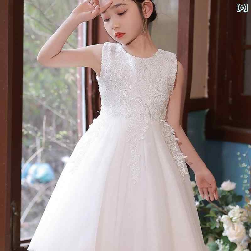 Rakuten - 女児 ワンピース ドレス 夏 春夏 キッズ 子供 女の子 公主 プリンセス チュール スカート 蓬蓬 フレア スカート かわいい 洋気 短袖 長袖 白色 ホワイト レース レース刺繍 軽量 再生繊維 通気性 吸湿速乾 撮影 フォト 衣装 パーティー 普段