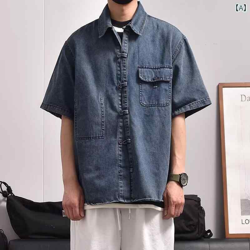 シャツ メンズ レディース 港風 短袖 ブルー 牛仔 洗い加工 合体型 翻領 開衫 ポケット ポリエステル 透気性 耐摩耗 吸湿速乾 免烫 夏..