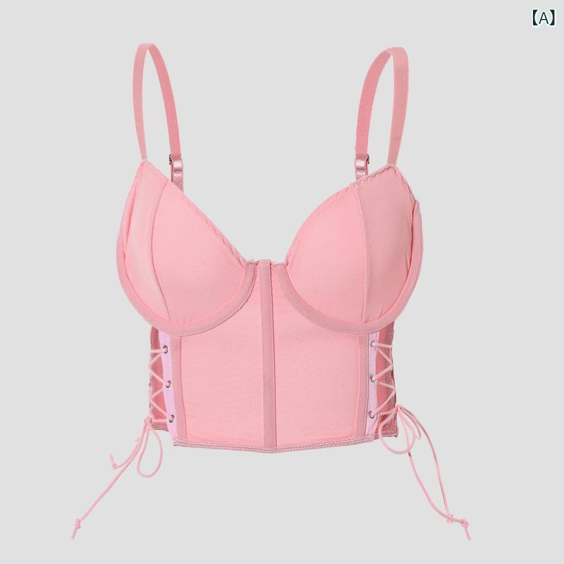 Other - キャミソール レディース かわいい セクシー 切り替え レース 透け感 網纱 ショート丈 クロップドトップス ピンク 伸縮性 ハイストレッチ 修身 フィット 街頭風 スパイシー ギャル クロスストラップ 紐 デザイン 切り替えデザイン ウエスト見せ 腹見