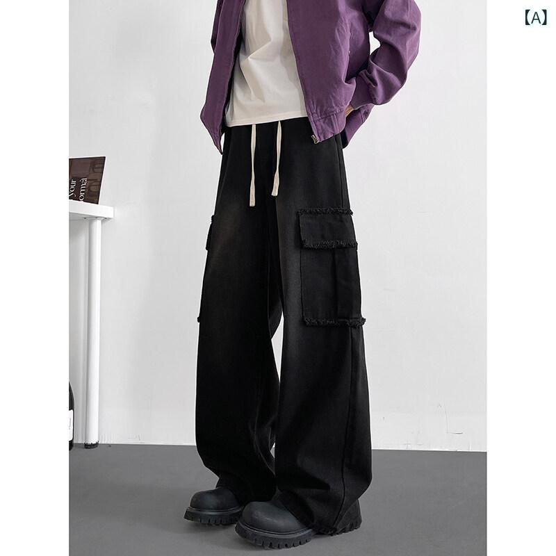 Pants - メンズ デニムパンツ 直筒 ワイドレッグ ロングパンツ 青少年用 春夏 秋冬 韓国風 ゆったりシルエット 中腰 系紐 ウォッシュ加工 すりおろし コントラストカラー 微弾性 ストレッチ ポリエステル コットン 再生繊維 免烫 ブラック ブルー カジュアル