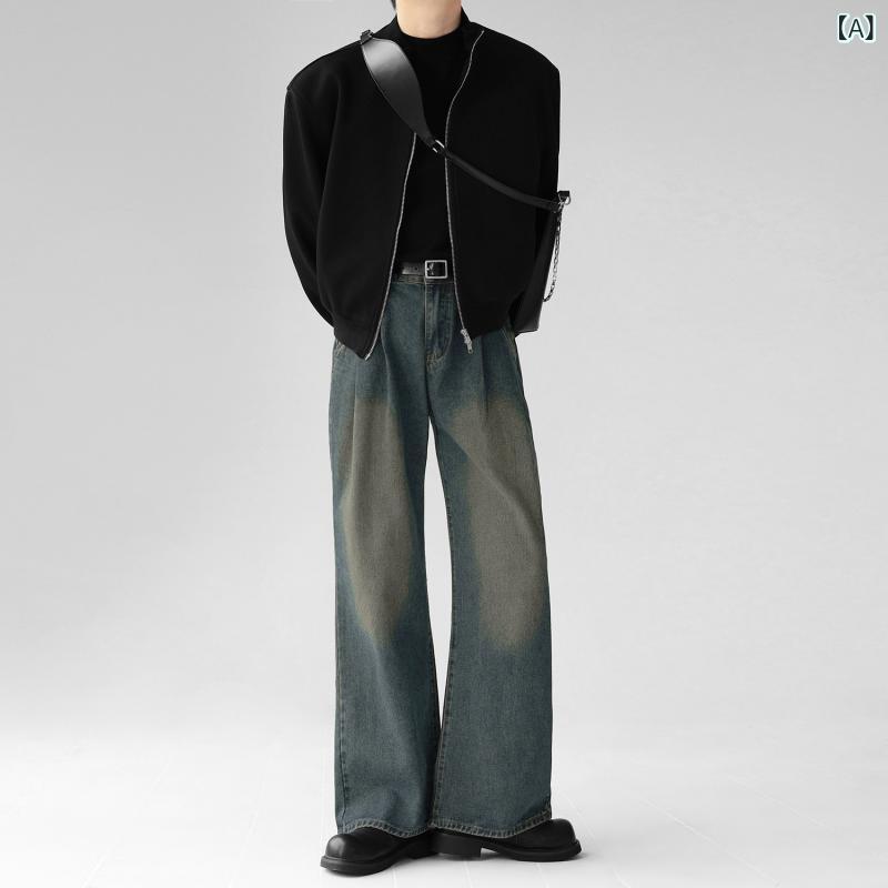 Pants - デニムパンツ ユニセックス レディース メンズ ゆったり ワイドレッグ 直筒 ロング丈 床引き 復古 洗い加工 ミドルウエスト ジッパー コットン 微弾性 夏 春夏 カジュアル 普段使い ブルー ブラック
