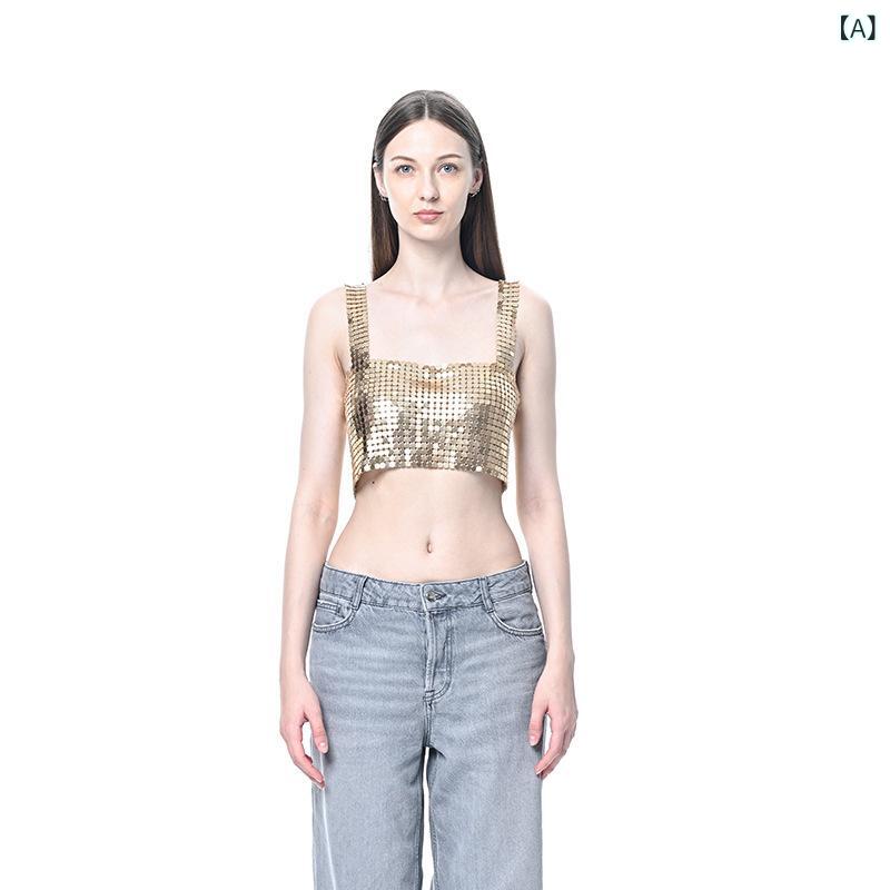 Camisoles - トップス レディース 吊り紐 クロップド 背中開き 低胸 露脐 メタリック シースルー 亮片 切り替え クロップトップ マイクロミニ 修身 超短丈 マイクロ丈 マイクロトップ マイクロクロップド セクシー スパンコール 派対用 クラブウェア ダンス用 金