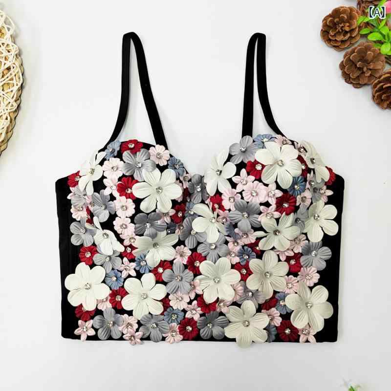 Camisoles - キャミソール レディース 吊り下げ 立体花 ビーズ デザイン 魚骨 ストラップレス ブラック 赤 白 ベージュ ピンク 接触冷感 再生繊維 中弾性 通勤 普段使い 海辺 リゾート 超短丈 タイト 肩紐取り外し かわいい 仙女風 夏