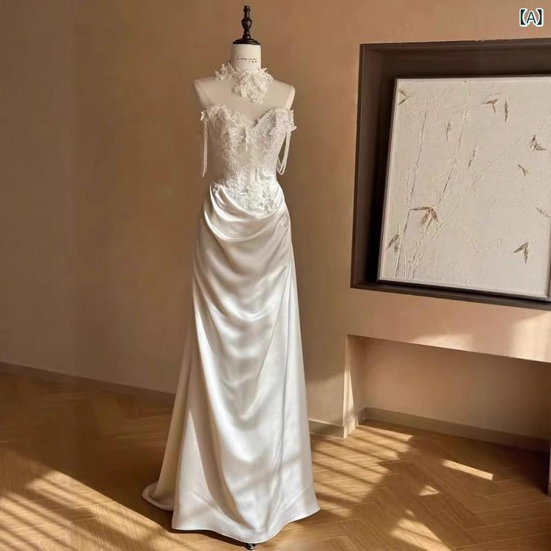 ウェディングドレス 女性用 抹胸 レース 復古 軽量 ポリエステル繊維 白 ハイウエスト Aライン 長丈 三分袖 スリムフィット 魚尾 イブニングドレス フォーマル 結婚式 パーティー 夏 接触冷感 通勤 普段使い