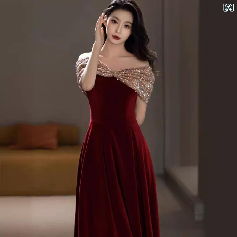 Other - ワンピース 女性用 敬酒服 酒红色 一字肩 ノースリーブ 抹胸 ロングドレス Aライン 高腰 修身 切り替え 結婚披露宴 法式 訂婚 チャイナドレス風 ポリエステル タイトフィット タイバンド 通用体型