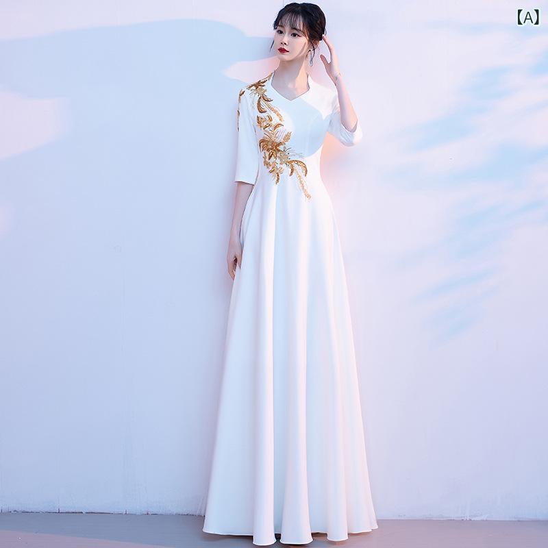女性用 礼服 ドレス 白色 深Vネック 5分袖 高腰 Aライン 長丈スカート 涤纶素材 舞台パフォーマンス 演出 指揮者 司会 ホスト ウェルカム 礼儀 3D立体プリント 汎用ボディ 夏 伸縮性 フォーマル イブニング トップス かわいい
