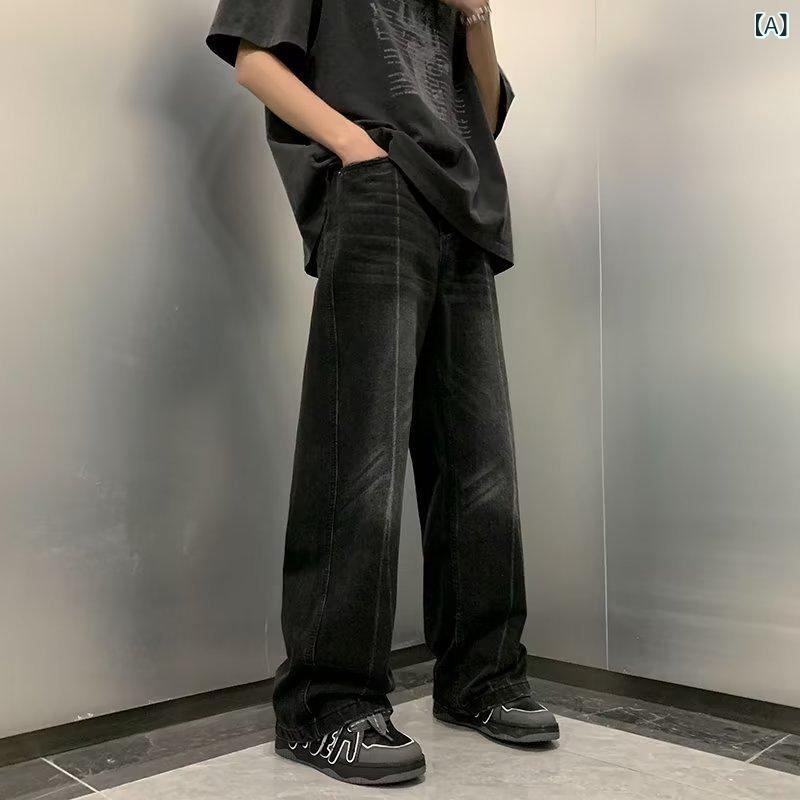 Slacks - ジーンズ メンズ 中腰 直筒 デニムパンツ ワイドレッグ ブルー ブラック 2色 復古 ヒップホップ 風合い加工 水洗仕上げ ポリエステル 混紡 長ズボン 通勤 通勤風 気質スタイル 快適 レジャー 無弾性 中厚 免烫処理 ゆったりシルエット