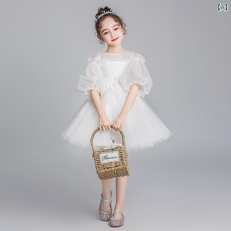 ・カテゴリ: 子供用ドレス・対象: ガールズ・適応年齢: 3〜8歳・主な素材: 兔毛 80%、ポリエステル 20%・スタイル: プリンセス・デザイン: フリル、コーティング、プリント・安全基準: B類・ドレスの種類: イブニングドレス・カラー展開: ホワイト（ショート）、ホワイト（前短後長）、ホワイト（ロング）、ワインレッド（ショート）、ワインレッド（前短後長）、ワインレッド（ロング）・サイズ展開: 100cm、110cm、120cm、130cm、140cm、150cm、160cm