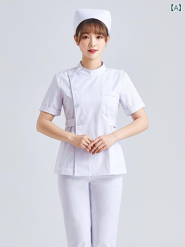 ・カテゴリ: 白衣・対象性別: 女性・機能: 細菌隔離・パンツ丈: ロング・主な素材: 綿35%、ポリエステル・色展開: 白、青、ピンク・サイズ展開: S、M、L、XL、XXL、XXXL・スタイル: セットアップ・適用シーン: 病院、歯科クリニック、介護施設・袖型: シャツ袖・袖丈: 半袖、長袖・襟型: スタンドカラー、ドールカラー、スーツカラー