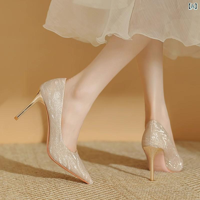 パンプス レディース 女性用 単鞋 法式 金色 シルバー 6cm 9cm 高さ 細ヒール 超高ヒール 尖頭 浅口 低幫 中口 グリッター 革調 超繊維 ゴム底 粘着 セットオン 純色 シンプル 通勤 結婚式 夏 冬 春 秋 通年 セットフット 大人 軽量