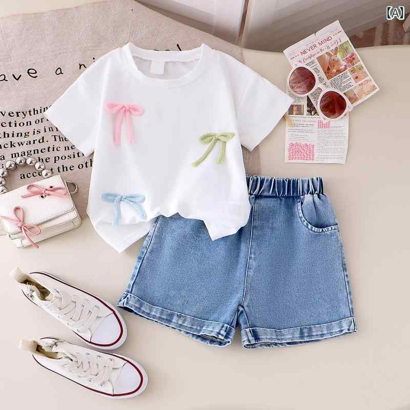 Pants Set - キッズ 女の子 トップス 短袖上衣 丸首 立体リボン 牛仔 ショートパンツ セット 綿 薄手 柔らか素材 純色 ホワイト 夏 普段使い かわいい 立体デザイン ソフト 伸縮性 通気性 軽量