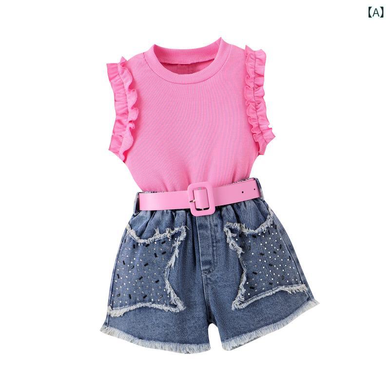 樂天商城 - 女児 トップス ショーツ セット 無袖 花辺 デニム ショートパンツ 腰バンド ピンク 綿混 柔らか素材 夏服 かわいい プリンセス 3〜8歳 女の子 キッズ 普段使い 通学 接触冷感