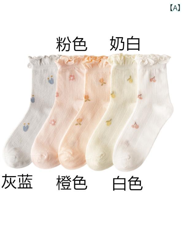 中筒靴下 レディース 秋冬 春夏 薄手 厚手 大きいサイズ 綿混 ポリエステル 抗菌 吸汗 防臭 切り替え 花柄 植物柄 かわいい ゆったり ノープレッシャー 寝るとき用 白 ミルクホワイト グレー ピンク オレンジ 通勤 普段使い 部屋着