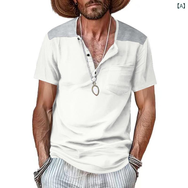Tシャツ メンズ 短袖 Vネック 切り替え 薄手 合体型 ポリエステル 透気性 夏季 無地 セットインスリーブ 運動休闲 普段使い 青年向け ホワイト ブラック グレー アーミーグリーン ネイビー