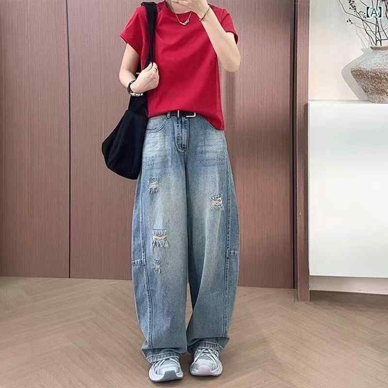 Other - ワイドパンツ 女性用 デニム ハイウエスト 破れ加工 直筒 ゆったり ブルー ブラック 綿混 ポリエステル 薄手 夏用 韓国風 ゆったりシルエット 脚長効果 普段使い カジュアル