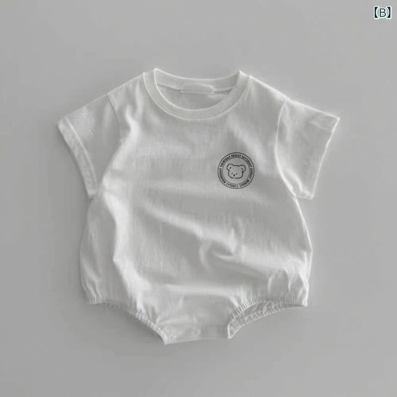 ベビー 連体服 男女兼用 短袖 薄手 綿 接触冷感 爬行服 かわいい小熊プリント 夏用...