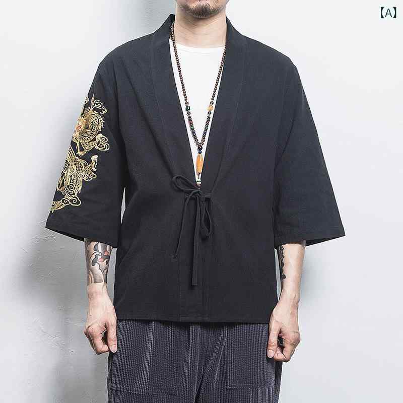 樂天商城 - メンズ 開襟シャツ 短袖 綿 刺繍 仙鶴柄 立領 夏 トップス 外套 漢服風 唐装風 道袍風 ゆったり 大きいサイズ ブラック 卡其色 孔雀ブルー 休闲 カジュアル 圧縮加工