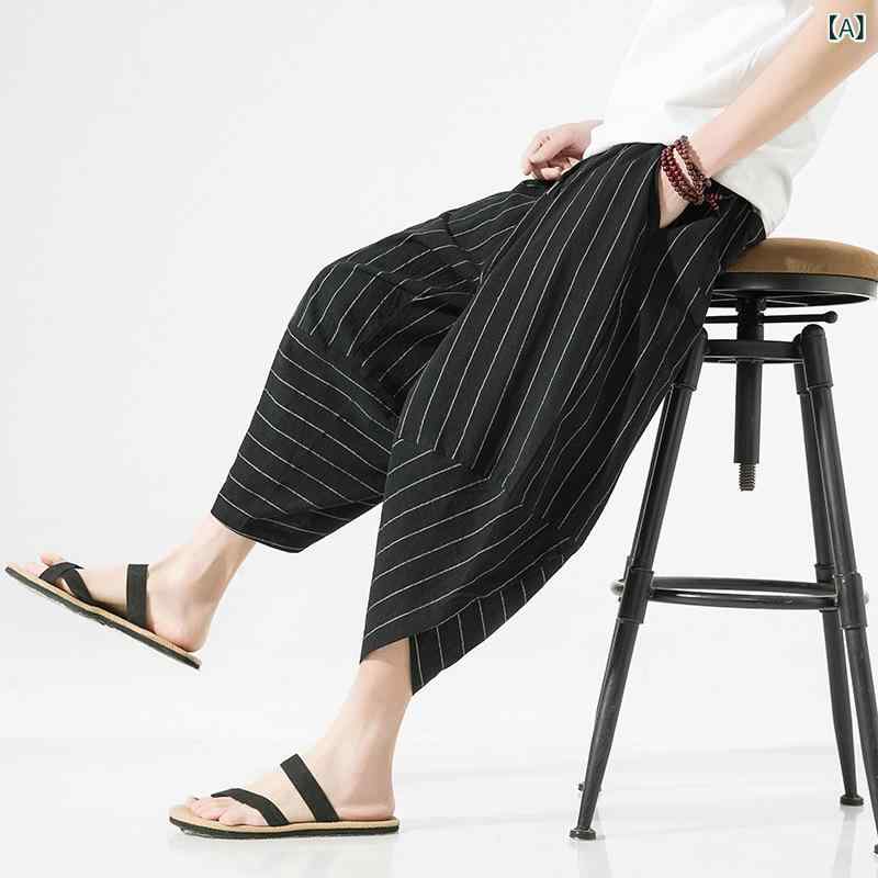 下裝 - メンズ 七分パンツ 麻 綿 混紡 ストライプ柄 ワイドレッグ ハーレムパンツ 灯芯パンツ 黒 グレー ネイビー 夏 吸湿排汗 ゆったり 大きいサイズ 中腰 ルーズフィット 青少年 男性用 休闲パンツ カジュアル ロングパンツ