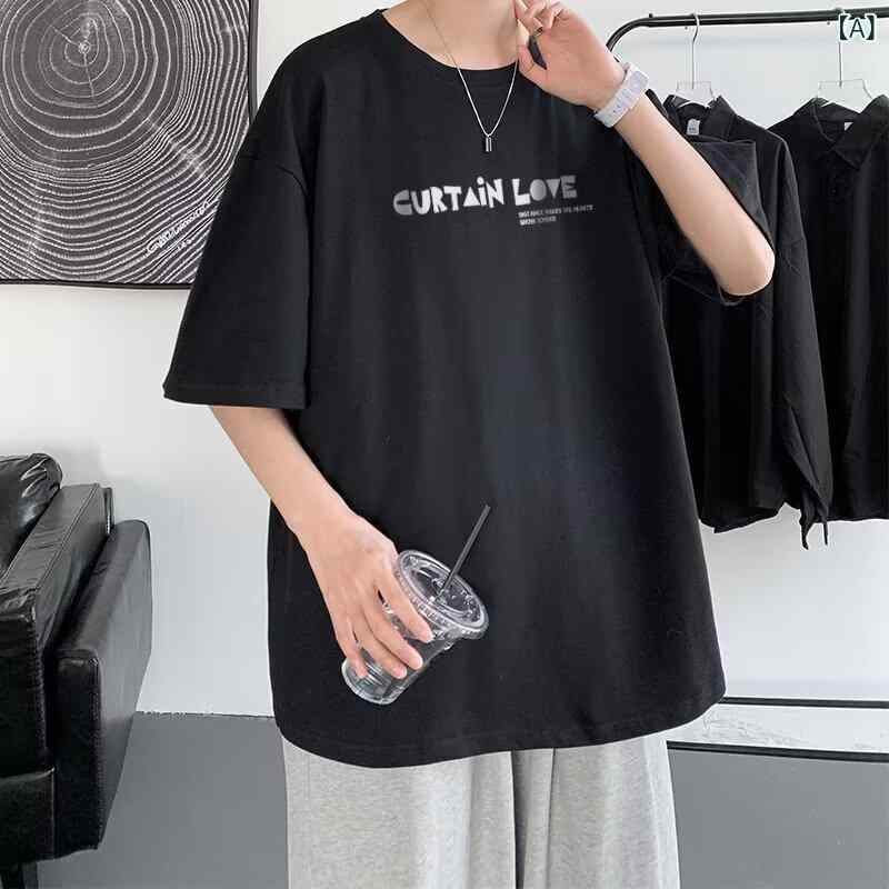 メンズ Tシャツ 半袖 短袖 トップス 韓国風 シンプル ロゴ プリント ゆったり ルーズ 薄手 涼しい ポリエステル 吸湿速乾 透気性 耐摩耗 夏用 通勤 普段使い ストリート カジュアル ブラック ホワイト ダークグレー