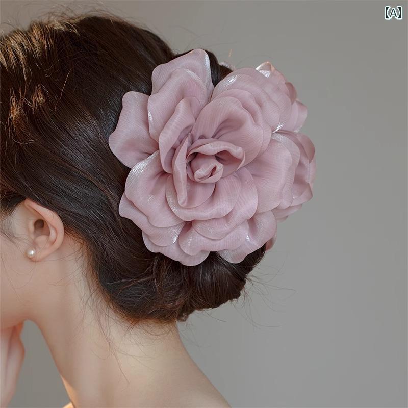 ヘアクリップ 女性用 立体バラ 大花 かんざし シャーククリップ 発飾 かわいい ピンク系 赤系 グリーン系 ブラック ブラウン 手工 軽量 プラスチック 春 甘め 復古風