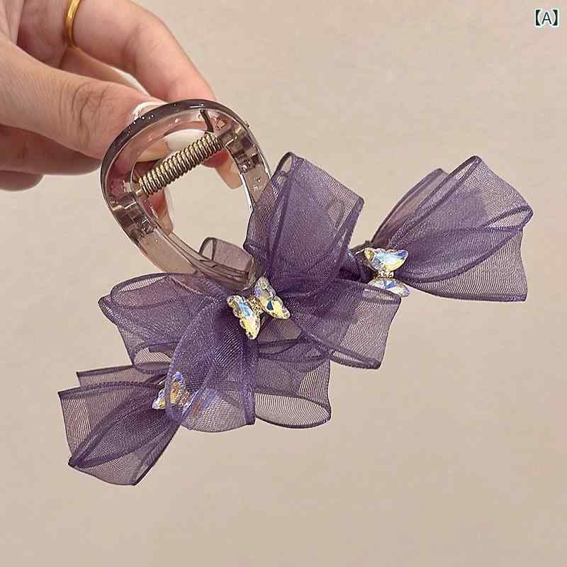 ヘアクリップ 女性用 バタフライ シュシュ シャーククリップ かわいい 気品 高級感 水晶 後頭部 韓国風 紫色 ブラック 香槟色 グレー 春季 スイート 復古 樹脂 ハンドメイド