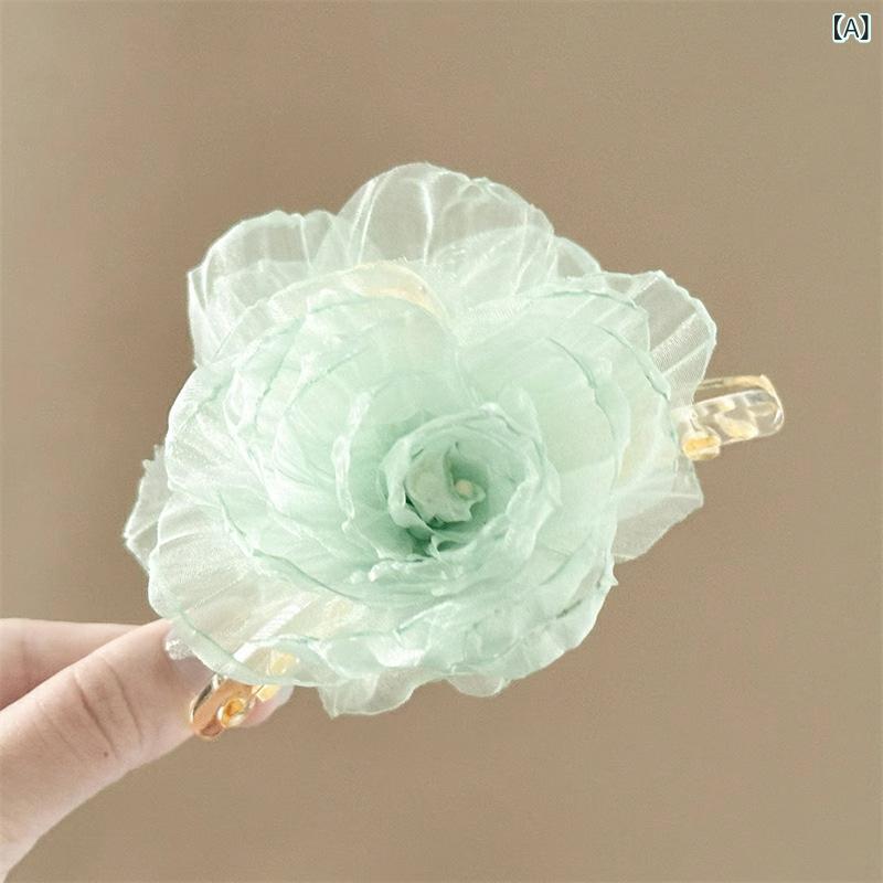Hair Clips - ヘアクリップ 女性用 大型 シャーククリップ ミントグリーン 花柄 欧根纱 花飾り 後頭部用 発卡 森ガール かわいい 清新 春夏 樹脂 手作り 植物モチーフ 甘め 日常使い 軽量