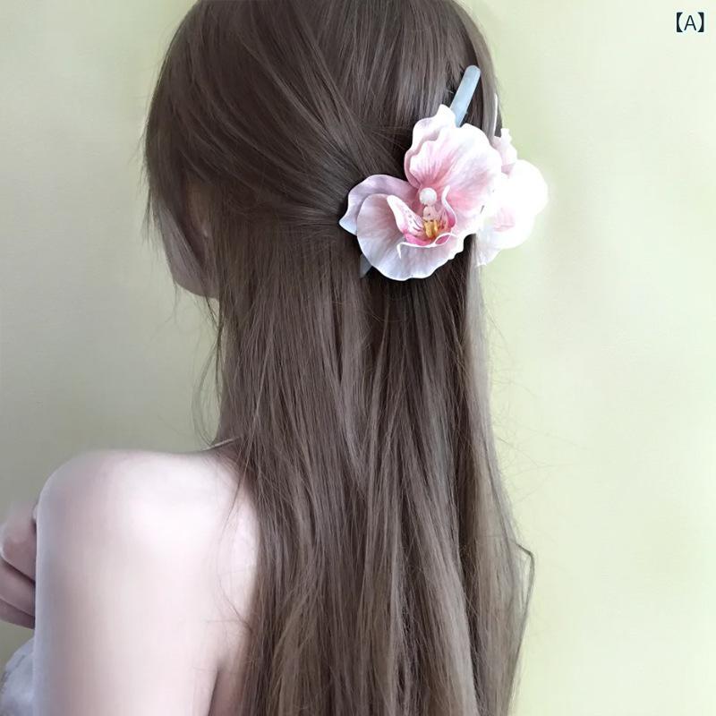 ヘアクリップ 女性用 韓国風 透け感 大型 シャーククリップ サイドピン バナウシュ 夏用 蝶々ラン 花柄 甘め 清新 ピンク系 樹脂 ハンドメイド 13cm 8cm