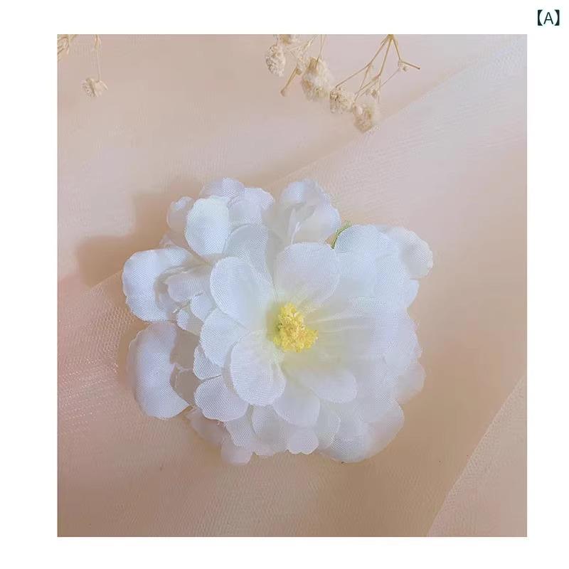 Hair Clips - ヘアアクセサリー 女性用 白色 山茶花 花モチーフ 鴨嘴クリップ かわいい 発簪 サイドピン 布製 手作り 冬 度假風 清新 甘い ピンク系 紫系 黄色系 グラデーション 植物花柄 サイドヘア かわいいヘアピン フェミニン 華やか 軽量 普段使い