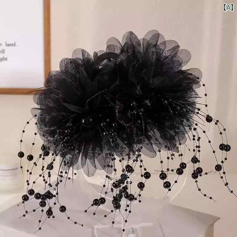 ヘアアクセサリー 女性用 秋冬 シャーククリップ ビーズ タッセル フラワーモチーフ 樹脂製 手作り 黒 ブラウン 11cm 13cm 韓国風 甘め 爽やか ヘアクリップ 流し飾り バン ヘアピン