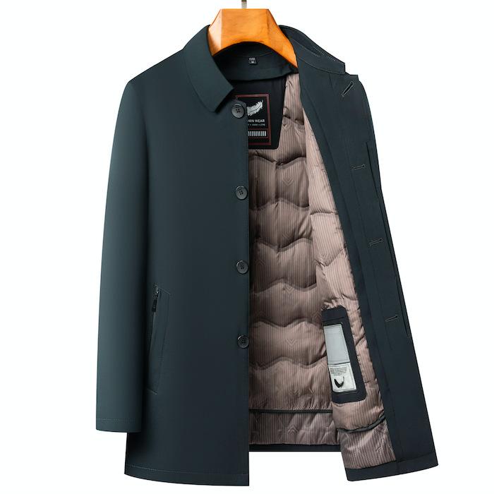 Jumper, Blouson - ダウンジャケット メンズ 中年 父親用 軽薄 保暖 脱着内胆 防風 中長丈 行政外套 ビジネスカジュアル 多ポケット ポリエステル 白鴨絨 充填量52g 墨緑 ネイビー 冬 厚手 スタンドカラー シングルブレスト 蓬鬆度600 免燙加工