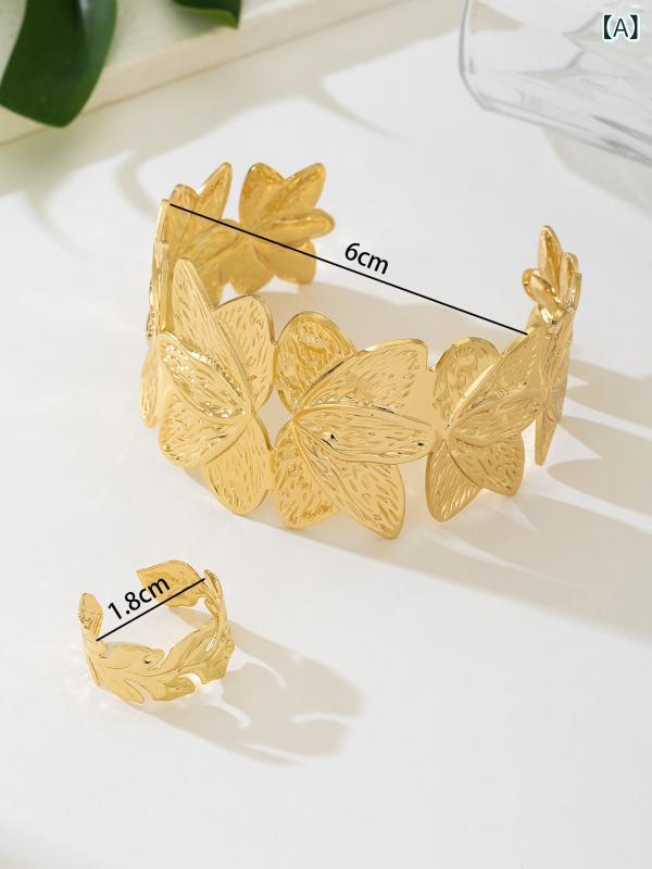 Women's Jewelry Set: Open Wrist Bracelet and Ring with Leaf Motif, Gold-Plated Alloy, Electroplated, Simple, Fashionable, Suitable for Commuting, Plants, Floral Patterns, Cute, Lightweight, Summer, 2025 Style, Everyday Wear, Resort Wear, Variations