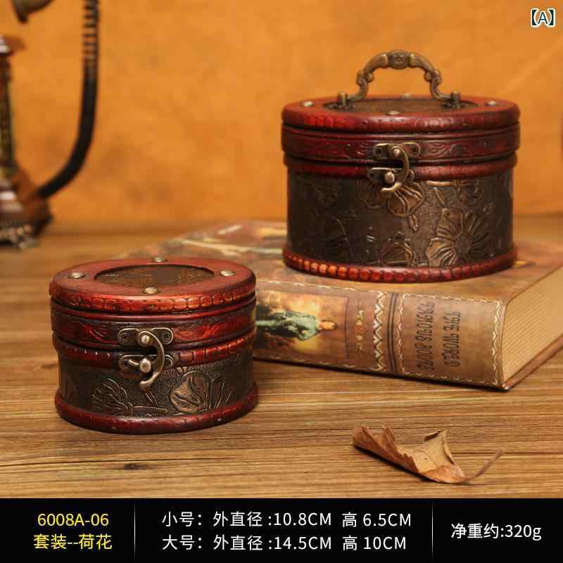 Rakuten - ジュエリーボックス 木製 円柱形 クラシック 仿古風 収納 防塵 防潮 防氧化 荷花柄 山水花卉 模様 表面 镶嵌加工 デスクトップ アクセサリー ケース かわいい インテリア