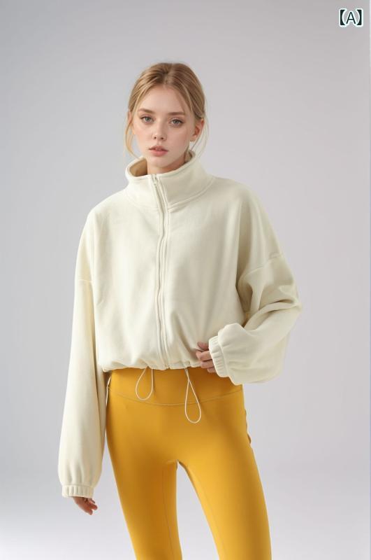 Tops - パーカー 女性用 秋冬 厚手 保暖 立襟 短丈 フリース ロングスリーブ ドローストリング ルーズフィット 防風 スポーツカジュアル 米杏色 卡其 ブラック ピンク系 ポリエステル スパンデックス ストレッチ 厚め 無地 無毛領