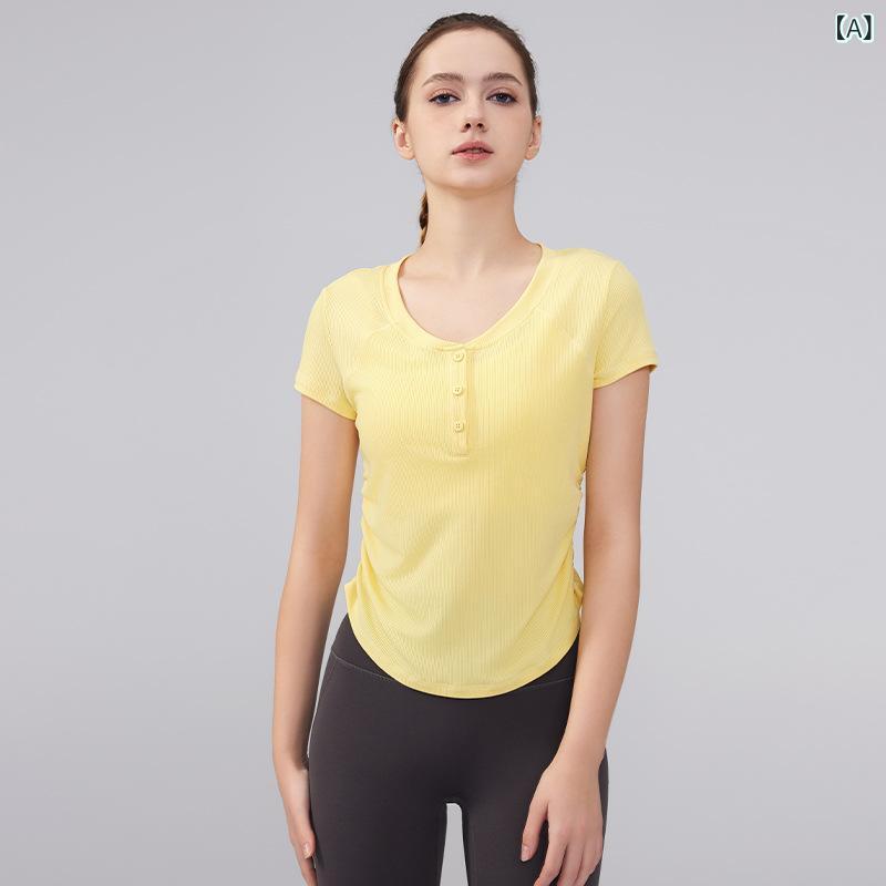 Tops - ヨガトップス レディース 春夏 女性用 短袖 Tシャツ 透気性 伸縮性 接触冷感 ポリエステル アウトドア フィットネス ピラティス ランニング イエロー グリーン ピンク ホワイト ブラック タイトフィット 吸湿速乾 軽量 普段使い