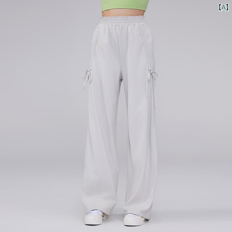 Ladies Wear - レディース ワイドパンツ 工装パンツ 蝶結 デザイン 抽绳 ウエスト 調整 スリム効果 ゆったり ロングパンツ ストレートパンツ クロップドパンツ 透気性 ニット ストレッチ 軽量 浅灰色 ブルー ブラック 通勤 普段使い スポーツ フィットネス 秋冬