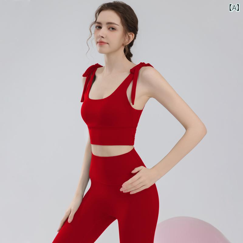 Tops - ヨガウェア レディース セット スポーツブラ トップス 防震 クロスストラップ 美背 バック 伸縮性 ナイロン スパンデックス ミックス 接触冷感 吸湿速乾 高強度 フィットネス レギンス タイト ヒップアップ ロングパンツ 秋冬 ソリッドカラー 中国レ