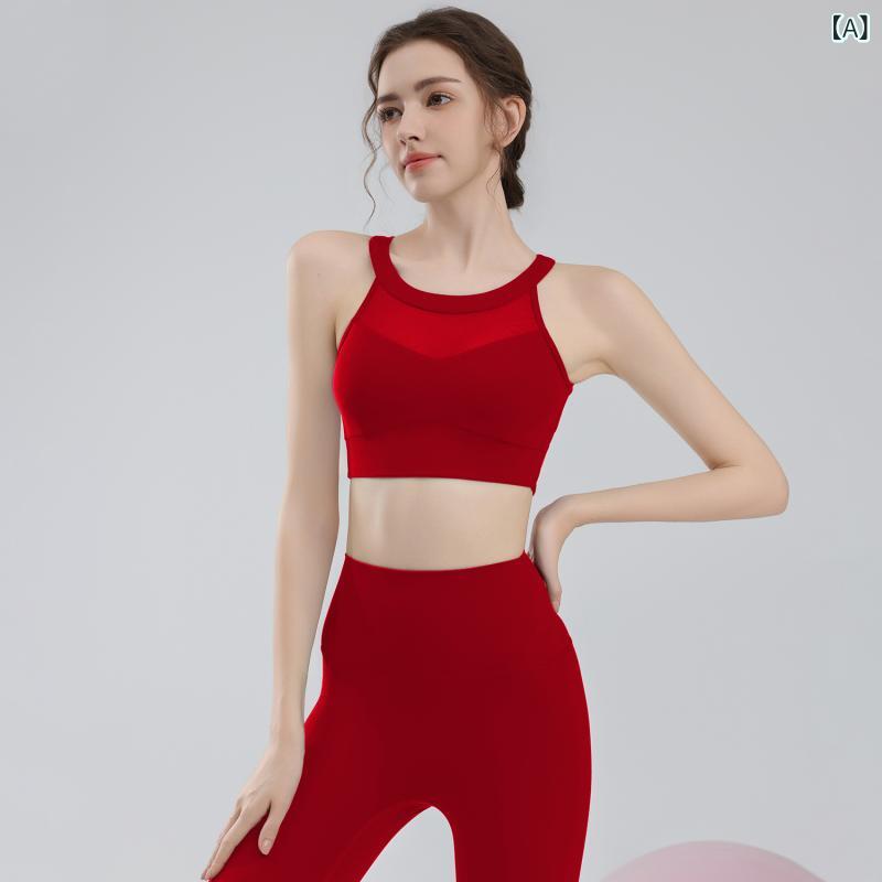 Ladies Wear - ヨガウェア レディース 防震 メッシュ 切り替え 美背 トレーニング スポーツブラ インナー 吸湿速乾 伸縮性 ナイロン スパンデックス 長パン タイト セット 気質ブラック 祖母緑 ローズパープル ネイビーブルー チャイナレッド 冬 秋冬 フィットネス