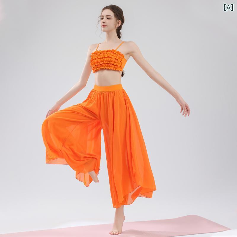 Ladies Wear - ヨガウェア 女性用 花辺 運動 背心 内衣 雪纺 練功 ズボン セット 長ズボン ワイドレッグパンツ ナイロン スパンデックス 伸縮性 軽量 速乾 フィットネス ダンス 女性用 トップス ボトムス 室内 屋外 トレーニング
