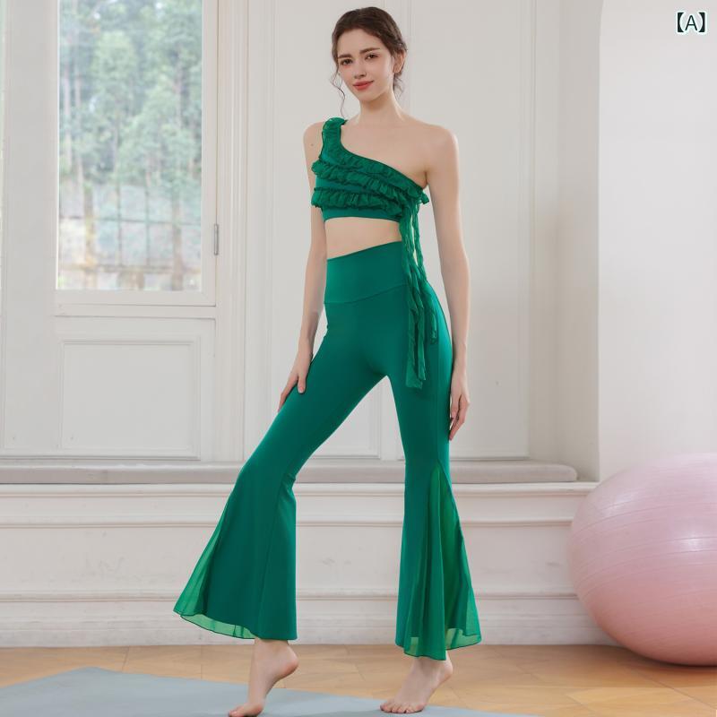 Tops - ヨガウェア レディース 運動 背心 セット 木耳エッジ 防震 フィットネス ブラ インナー 喇叭パンツ 長ズボン 二件セット ナイロン スパンデックス 伸縮性 接触冷感 祖母緑 活力オレンジ 中国赤 クリスタルパープル ホワイト 純色 春夏秋冬 ランニン