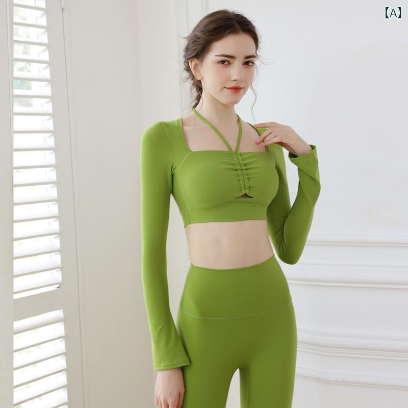 Tops - レディース ヨガウェア セット 修身 長袖 トップス プリンスパッツ 超強伸縮 ナイロン 接触冷感 草緑 ブラック ピンクパープル 深紫 秋冬 春夏 通年 フィットネス ピラティス ランニング ダンス サイクリング 室内 屋外 タイトシルエット 及腰丈