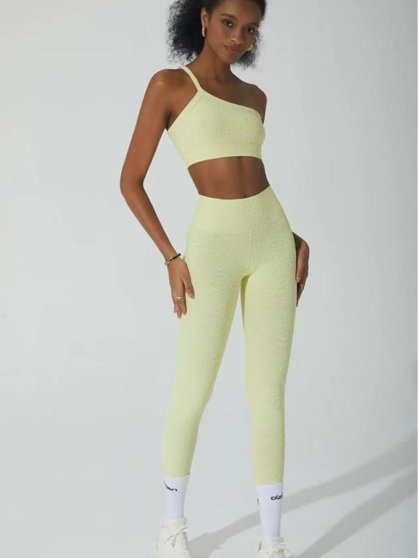 Ladies Wear - ヨガウェア レディース 運動 セット シングルショルダー 3D提花 防震 美背 ランニング 高腰 ヒップアップ フィットネス ナイロン ライトイエロー 切り替え 伸縮性 吸湿速乾 軽量 通勤 普段使い アウトドア ハイウエスト