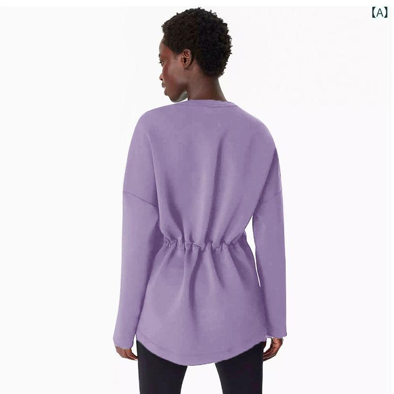 Tops - パーカー 女性用 冬 春 フード ドローストリング ウエスト引き絞り 長袖 トップス 中長丈 ヨガウェア フィットネスウェア 加绒 コットン 紫ロラン ネイビー ブラック ホワイト ストレッチ 吸湿速乾 軽量 スリムシルエット カジュアル 部屋着 通勤用