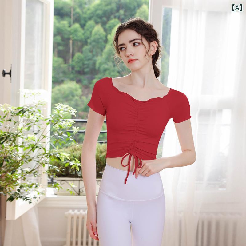 Tops - ヨガトップス 女性用 短袖Tシャツ 伸縮性 ニット 接触冷感 切り替え ウッドイヤー ドローストリング 胸パッド フィットネスウェア 運動着 ジムウェア 中国赤 ブラック ライトブルー 紫 腹丈 軽量 普段使い 通勤 秋冬