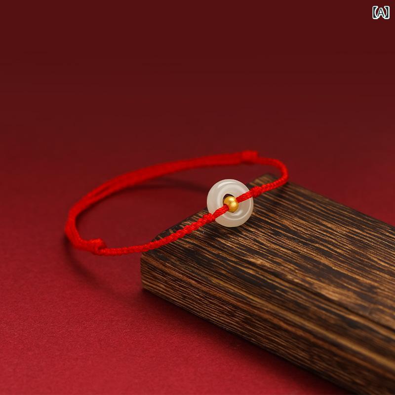 Anklets - 脚飾 男女用 和田玉 金珠 民族風 赤ロープ 黒ロープ ワインレッドロープ 螺旋デザイン シンプル 夏 アクセサリー チェーン フットチェーン アンクレット ジュエリー 宝石 カジュアル