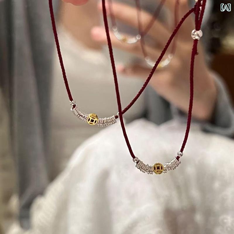 Anklets - アンクレット レディース 925シルバー 銅貨 ビーズ 赤いロープ 脚飾り 幾何学 復古 国風 気質 夏 女性用 細デザイン 高級感 銀製 アクセサリー 足首チェーン